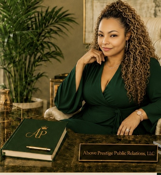 LaDàna Young, Founder and Principal Consultant of Above Prestige Public Relations, seated in an executive office setting.