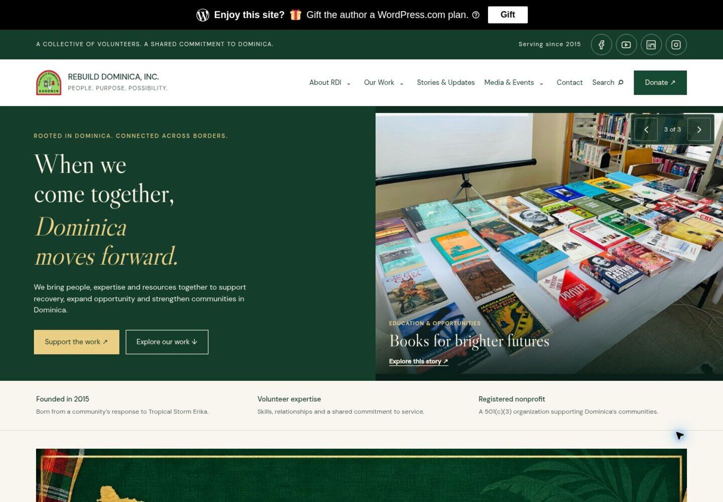 Current Rebuild Dominica homepage with a mission-first hero, program pathways and the Dominica People’s Library Project feature