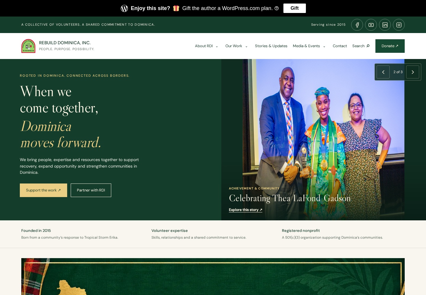 Published Rebuild Dominica homepage with its volunteer group photograph, mission statement and support actions