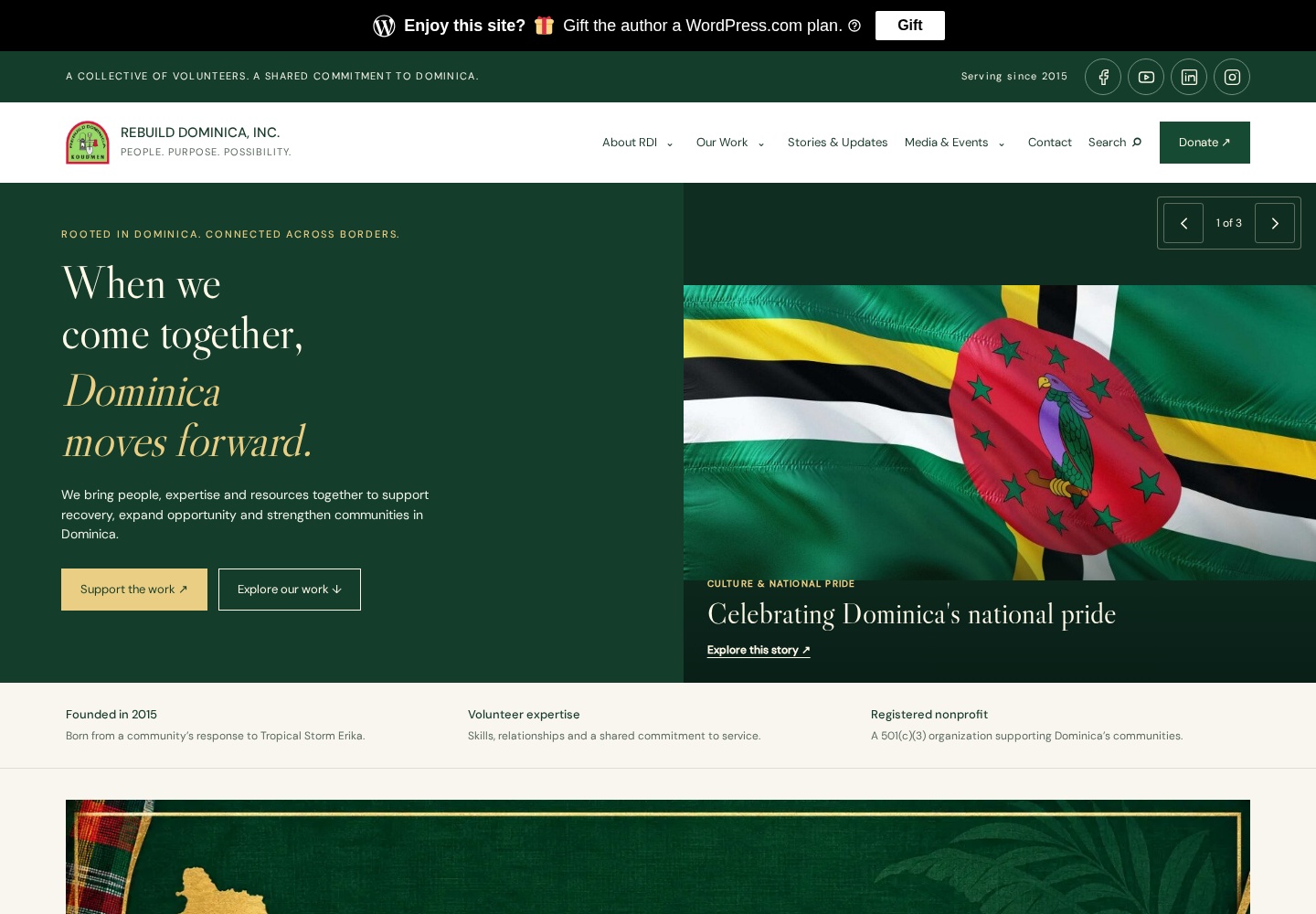 Published Rebuild Dominica homepage with its Dominica flag hero, mission statement and clear support actions